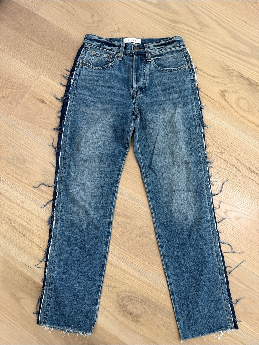 PISTOLA High Rise Frayed Tuxedo Side Stripe Straight Leg Jeans - Size 24
